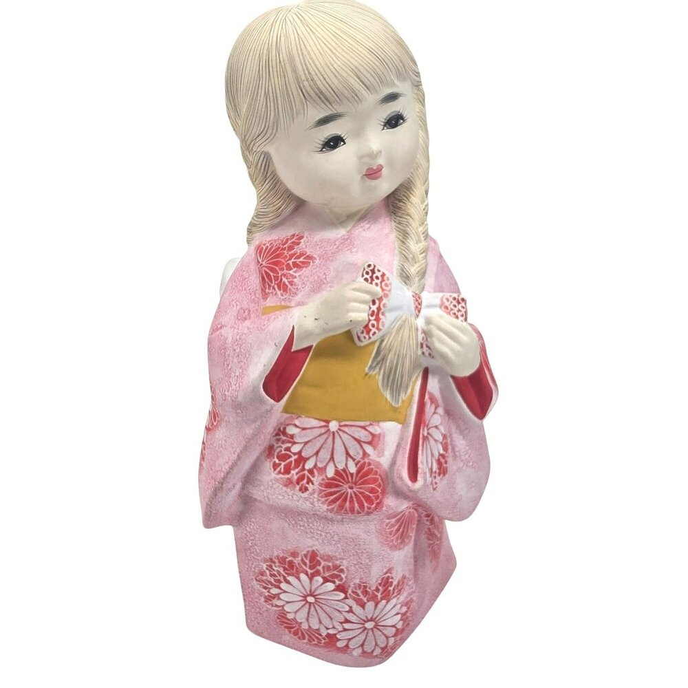 Ceramic Japanese Girl Figurine In Pink Kimono Floral Design Kneeling Pose JE369
